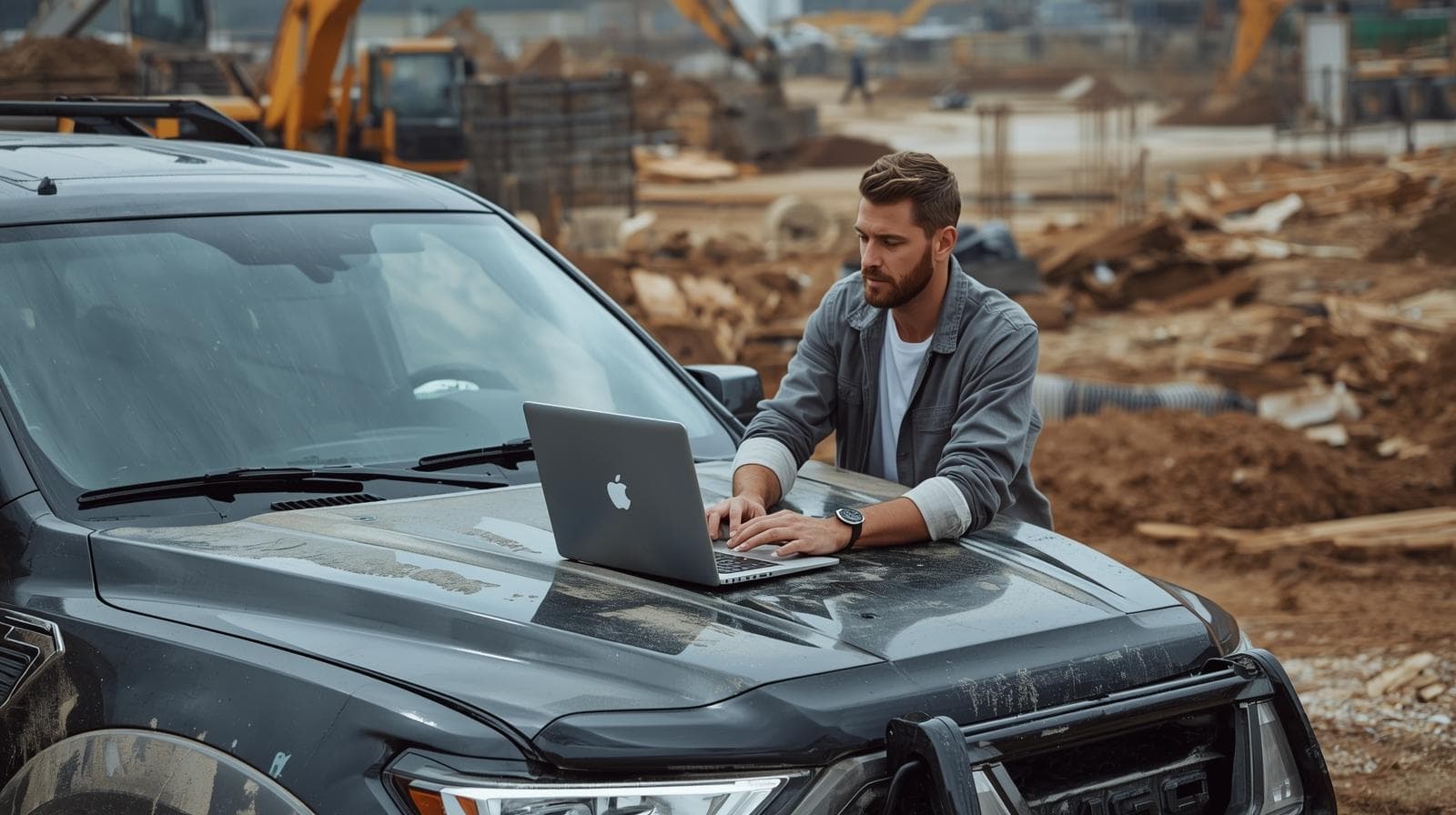 Small business owner working on laptop at construction site